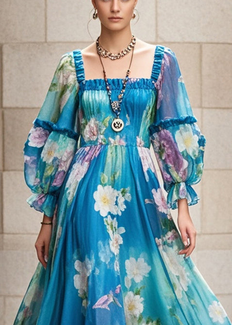 Square Neck Puff Sleeve Floral Print Ruffle Hem Chiffon Maxi Dress