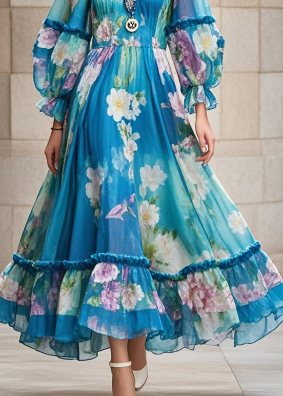 Square Neck Puff Sleeve Floral Print Ruffle Hem Chiffon Maxi Dress