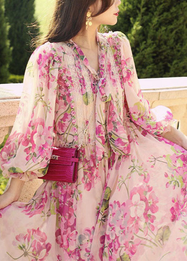 Floral Print Lace Trim Tie Neck Lantern Sleeve Chiffon Maxi Dress