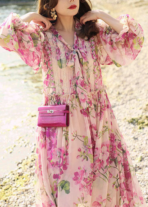 Floral Print Lace Trim Tie Neck Lantern Sleeve Chiffon Maxi Dress