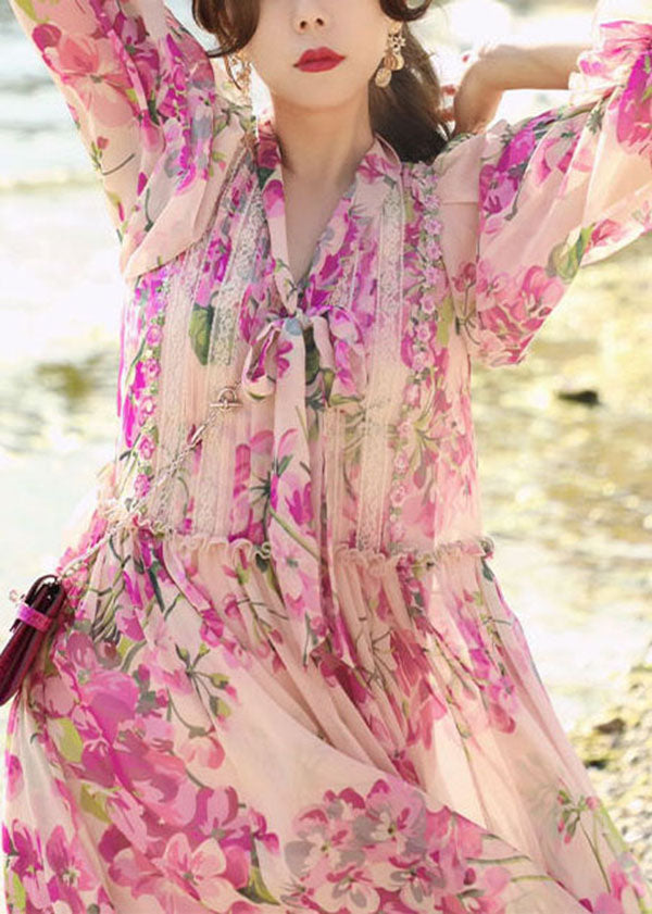 Floral Print Lace Trim Tie Neck Lantern Sleeve Chiffon Maxi Dress