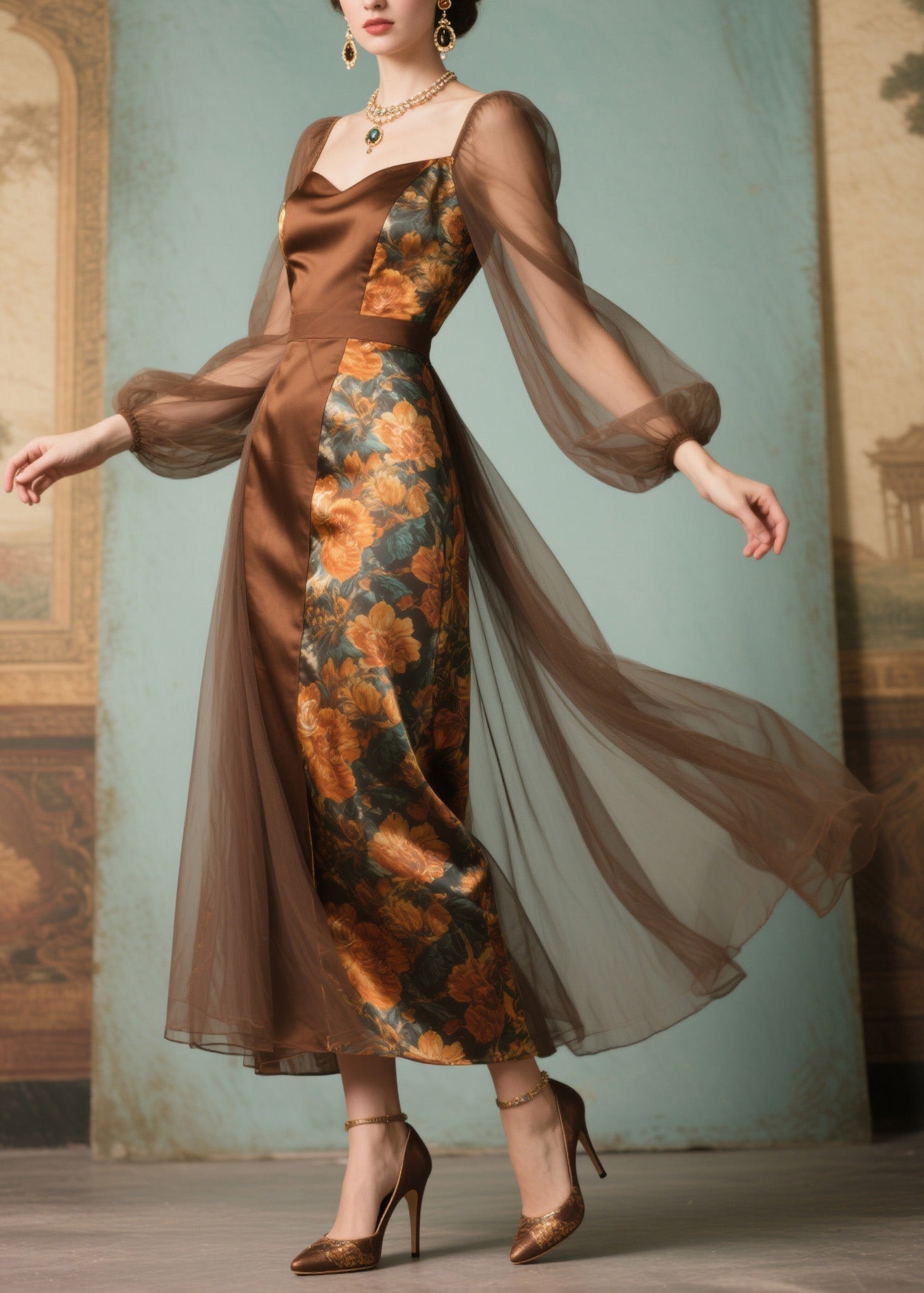 Floral Print Sweetheart Neck Satin Panel Mesh Bishop Sleeve Tulle Overlay Midi Dress
