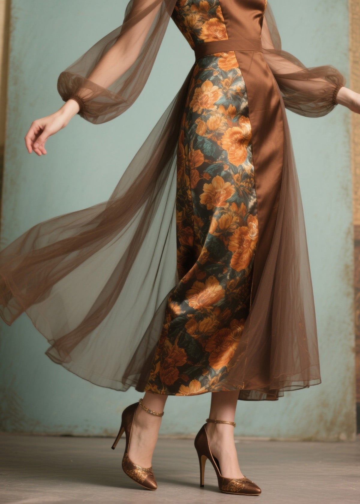 Floral Print Sweetheart Neck Satin Panel Mesh Bishop Sleeve Tulle Overlay Midi Dress