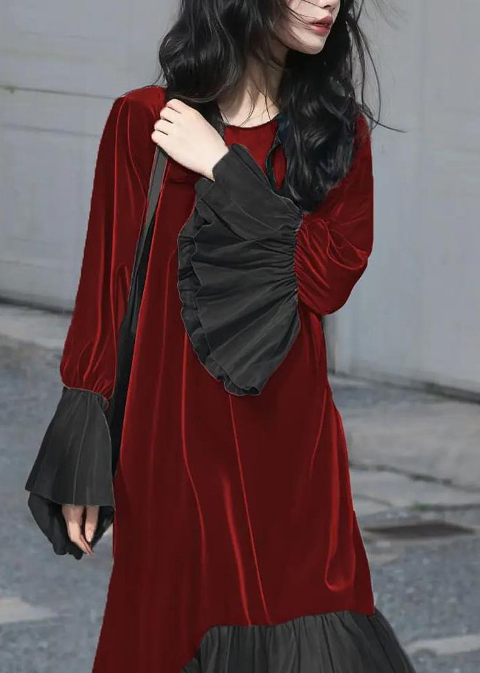 Velvet Crew Neck Balloon Cuff Pleated Hem A-Line Maxi Dress