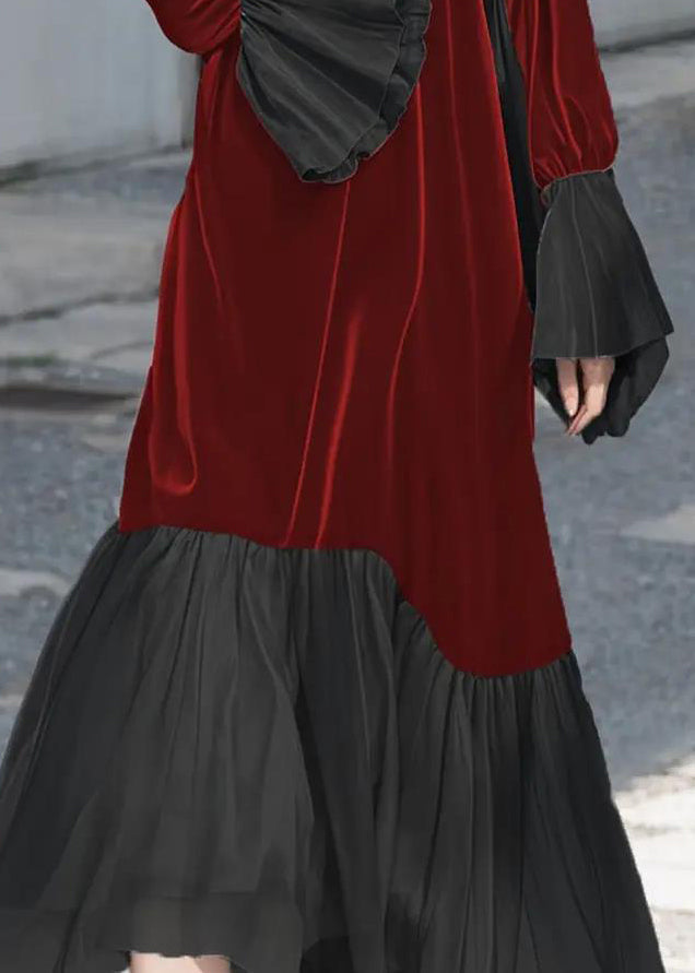 Velvet Crew Neck Balloon Cuff Pleated Hem A-Line Maxi Dress