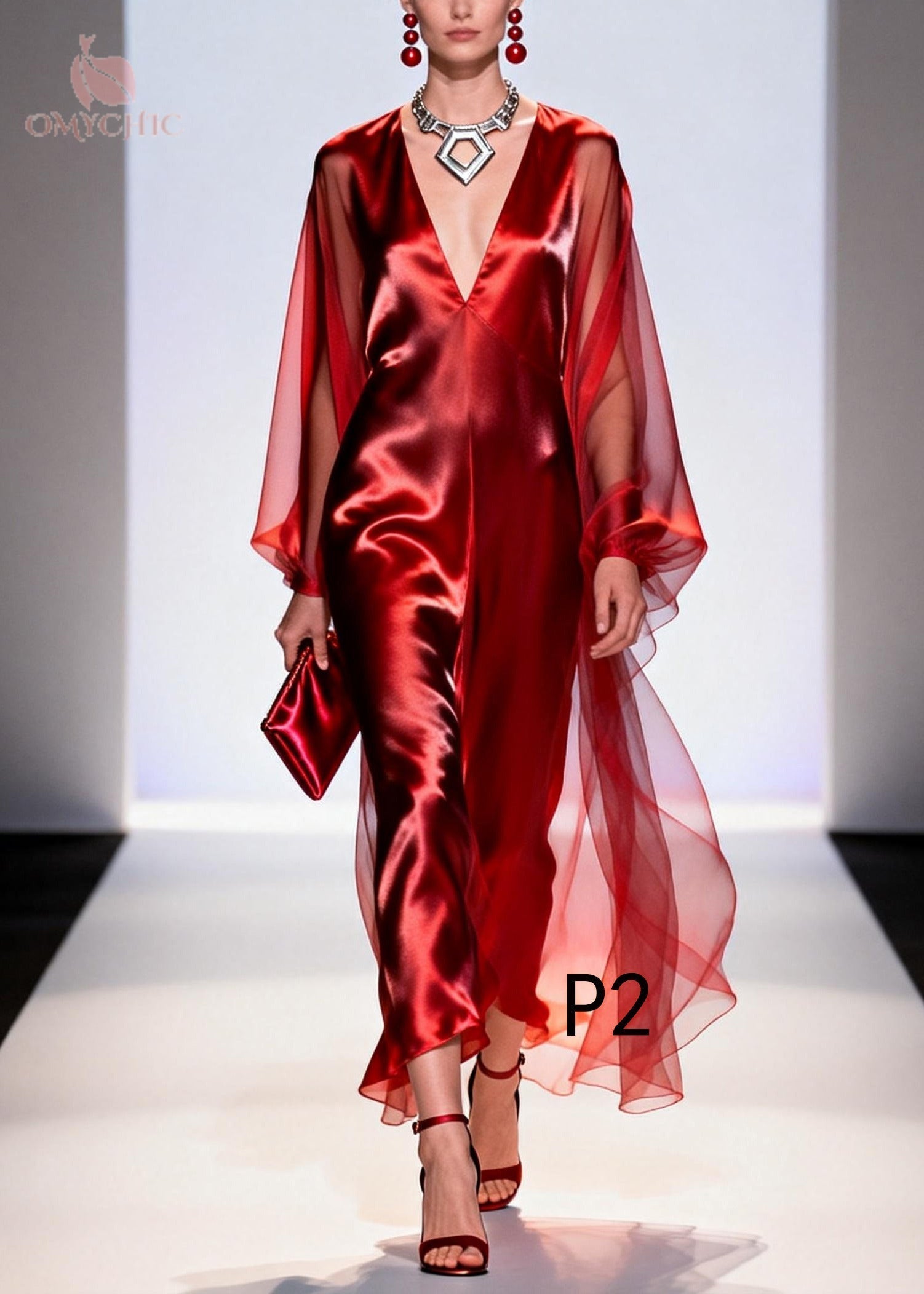 Unique Red V Neck Patchwork Tulle Maxi Dresses Summer - View 2