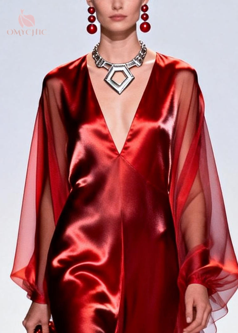 Unique Red V Neck Patchwork Tulle Maxi Dresses Summer - View 3