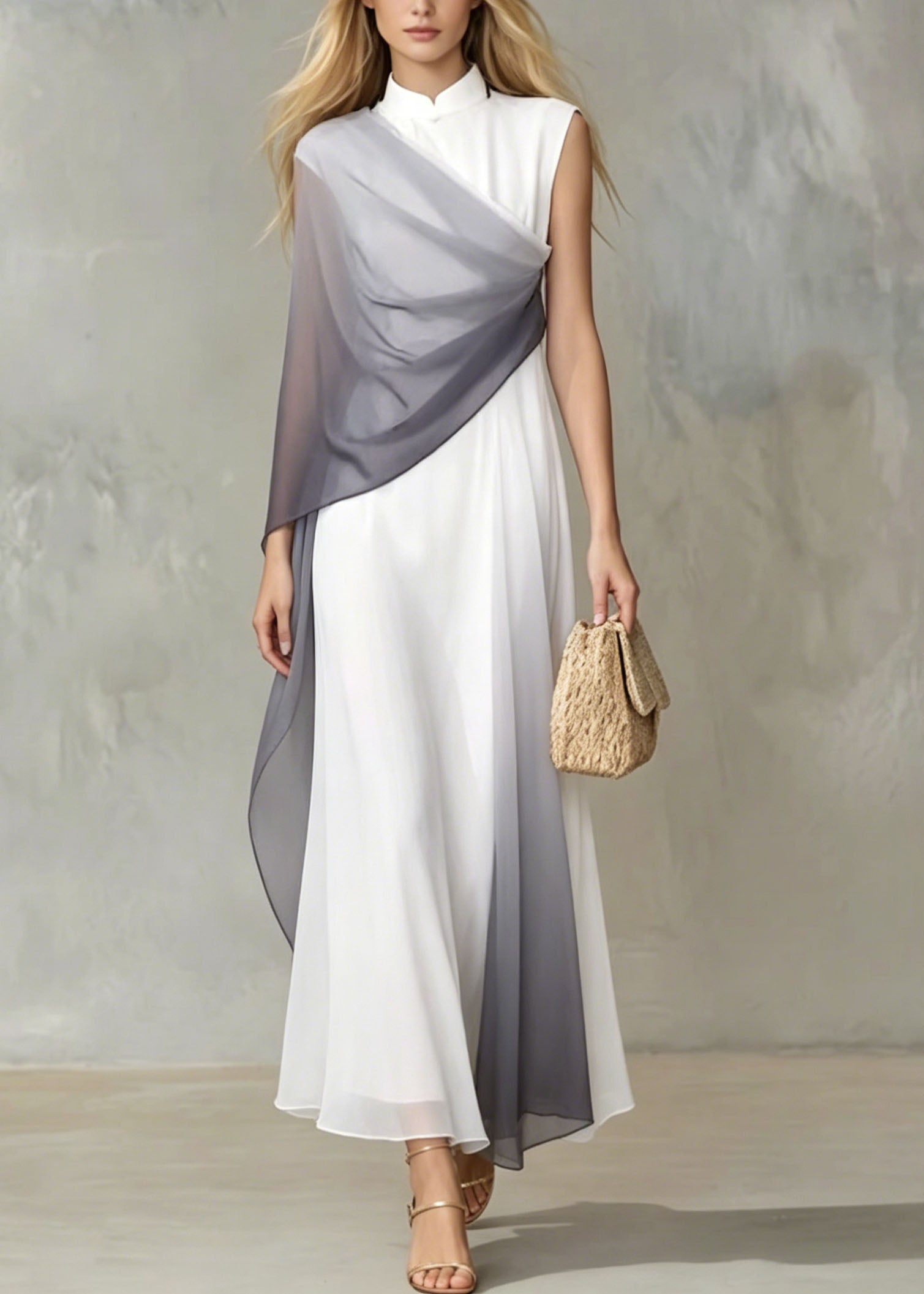 Ombre Gradient Patchwork Mandarin Collar Sleeveless Chiffon Maxi Gown