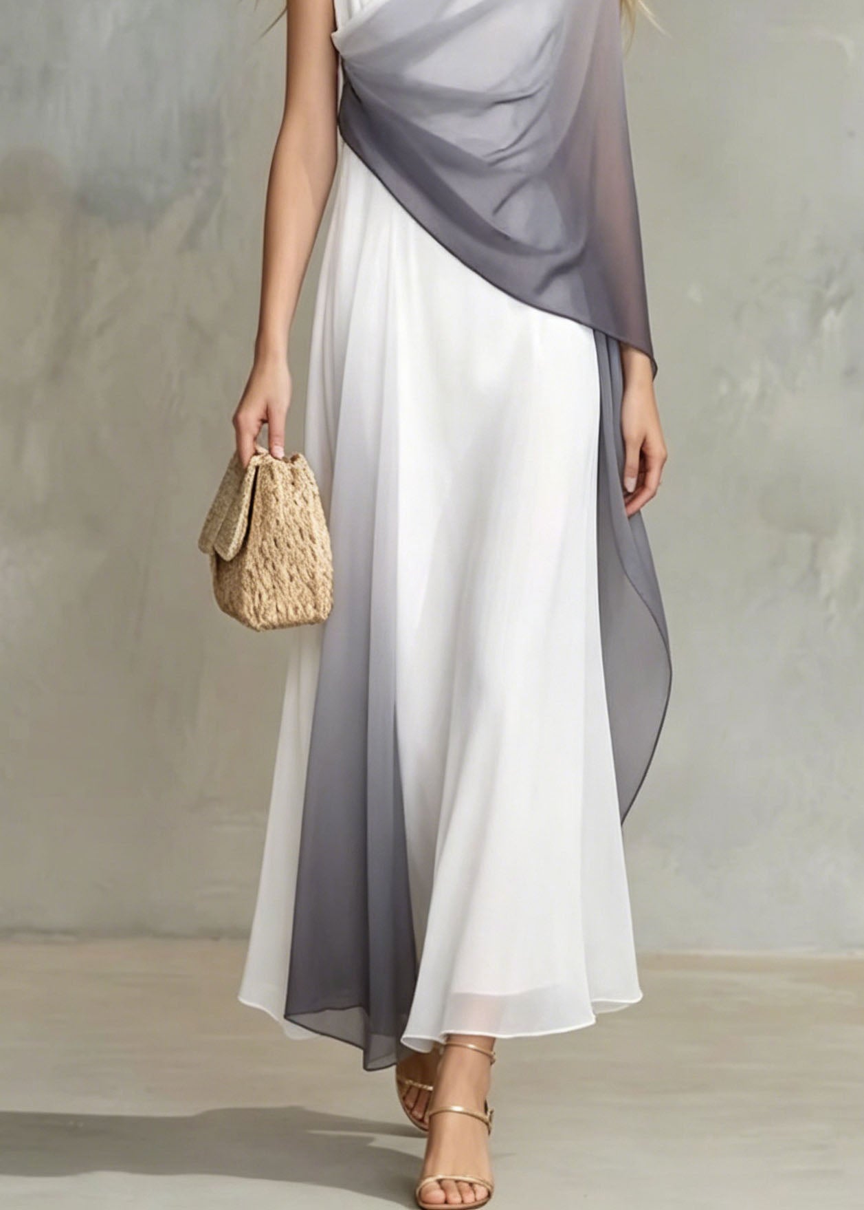 Ombre Gradient Patchwork Mandarin Collar Sleeveless Chiffon Maxi Gown