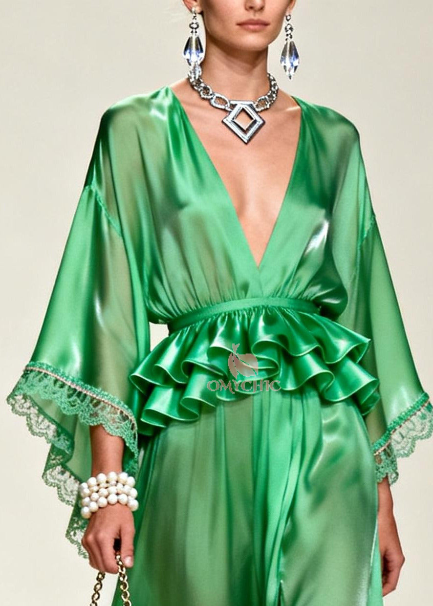Deep V-Neck Lace Trim Bell Sleeve Peplum Waist High Split Satin Maxi Gown