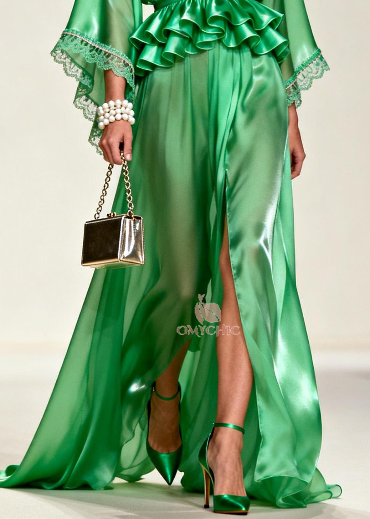 Deep V-Neck Lace Trim Bell Sleeve Peplum Waist High Split Satin Maxi Gown