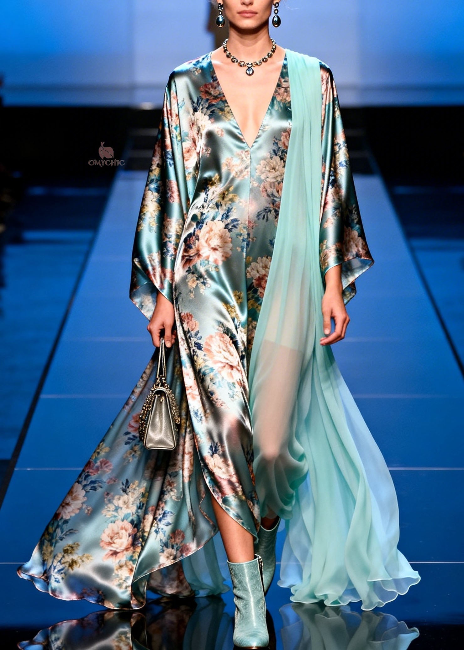Satin Floral Print Deep V-Neck Kimono Sleeve Sheer Cape Trim High Split Maxi Gown