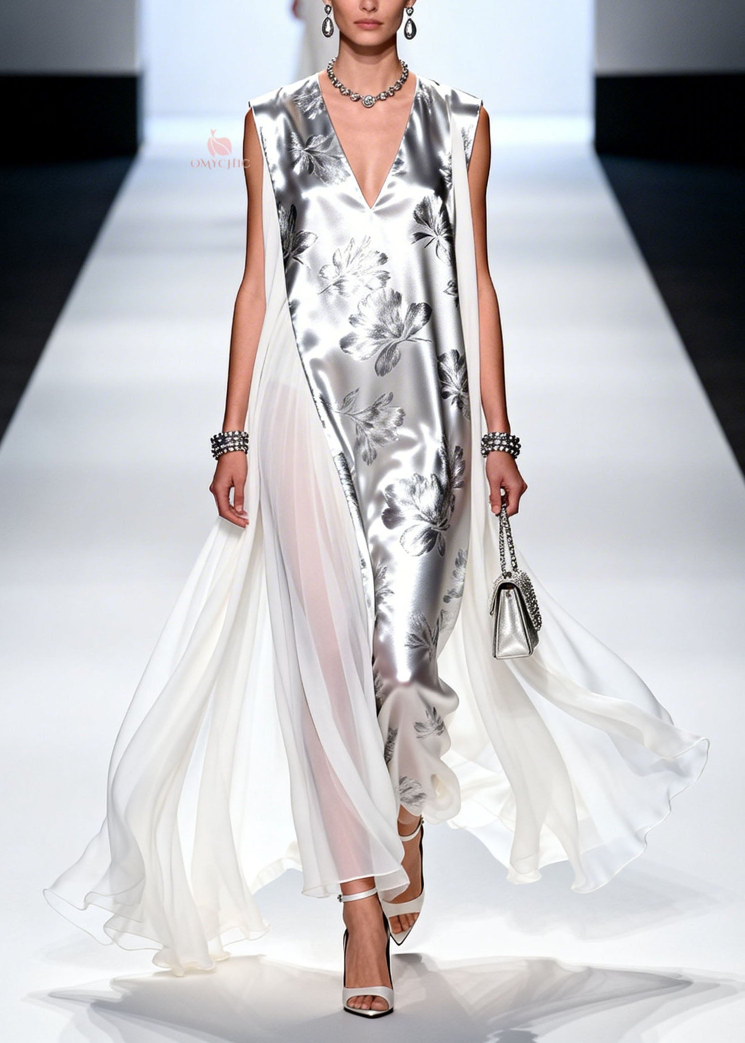Chiffon Metallic Floral Print Deep V-Neck Sheer Cape Panel Maxi Gown