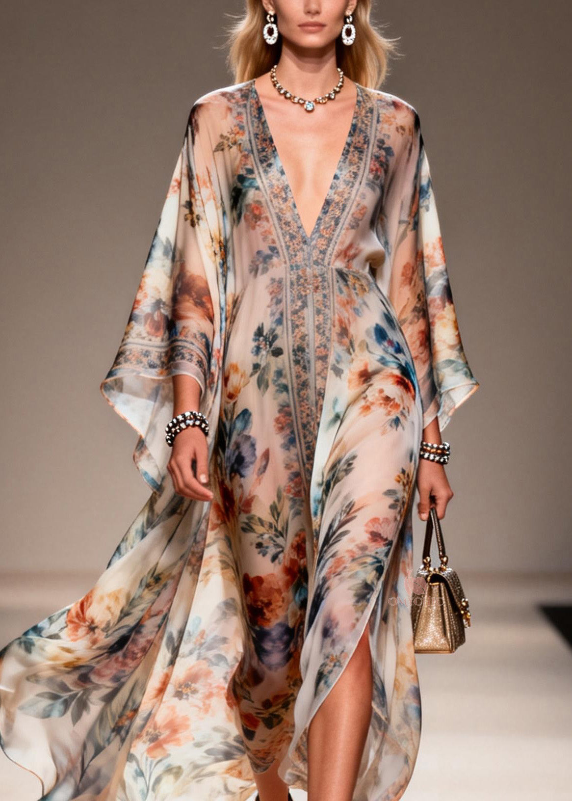 Unique V Neck Print Chiffon Maxi Dresses Spring 2