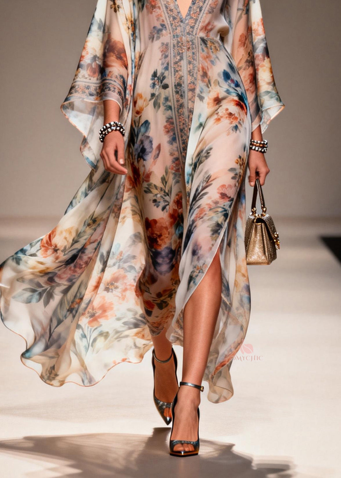 Unique V Neck Print Chiffon Maxi Dresses Spring 4