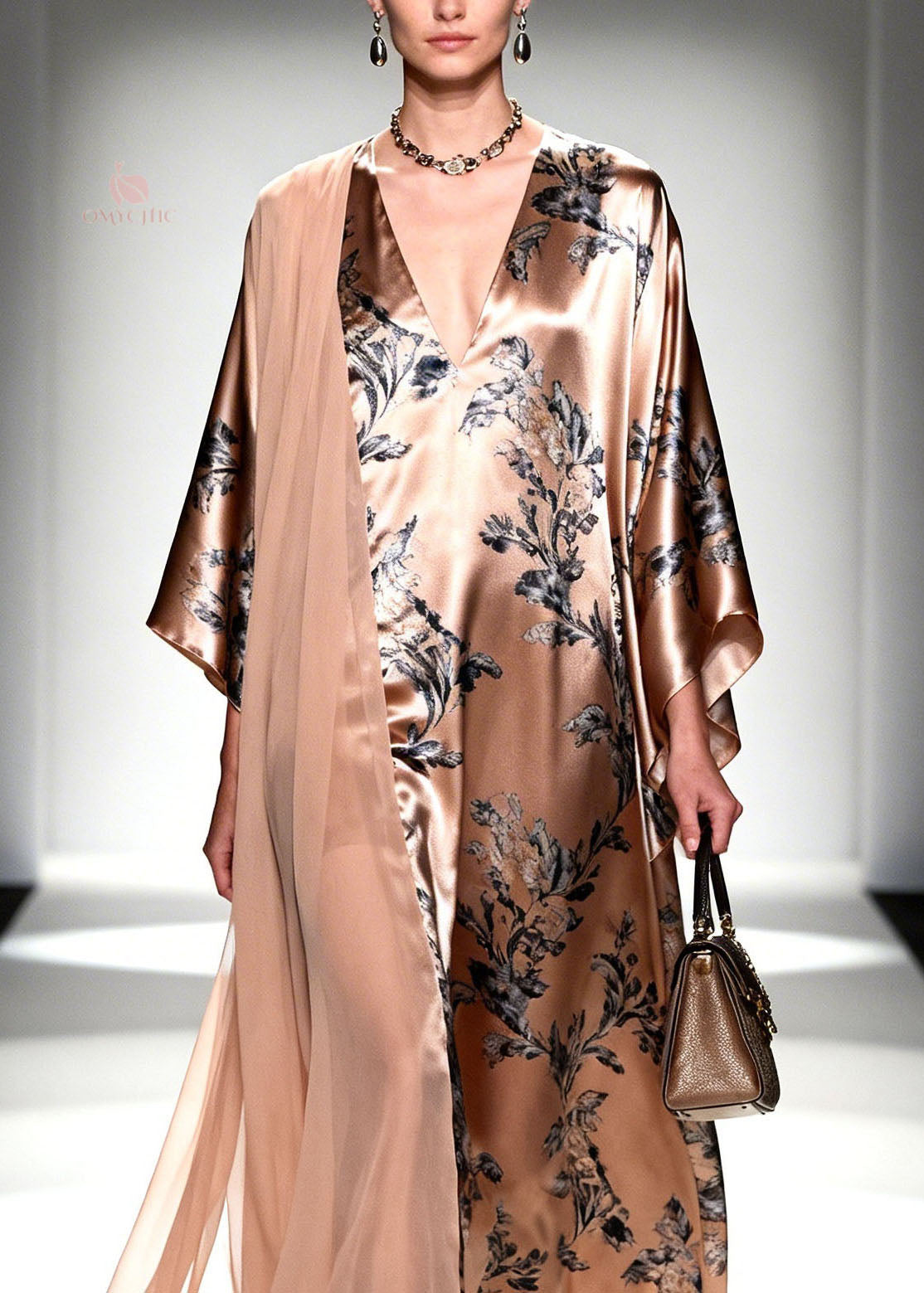 Botanical Print Deep V-Neck Flared Sleeve Sheer Shoulder Drape Kaftan Maxi Gown