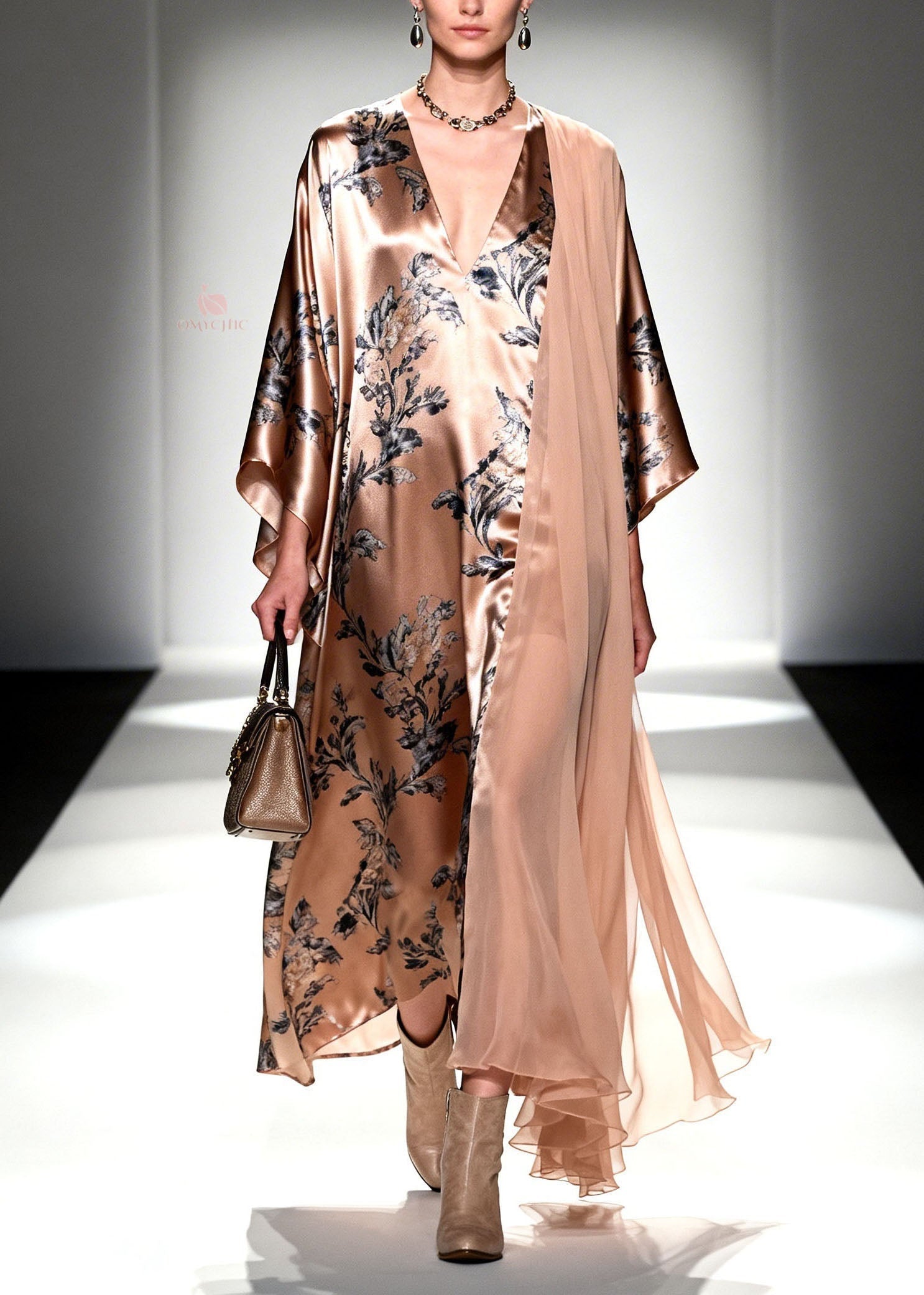 Botanical Print Deep V-Neck Flared Sleeve Sheer Shoulder Drape Kaftan Maxi Gown