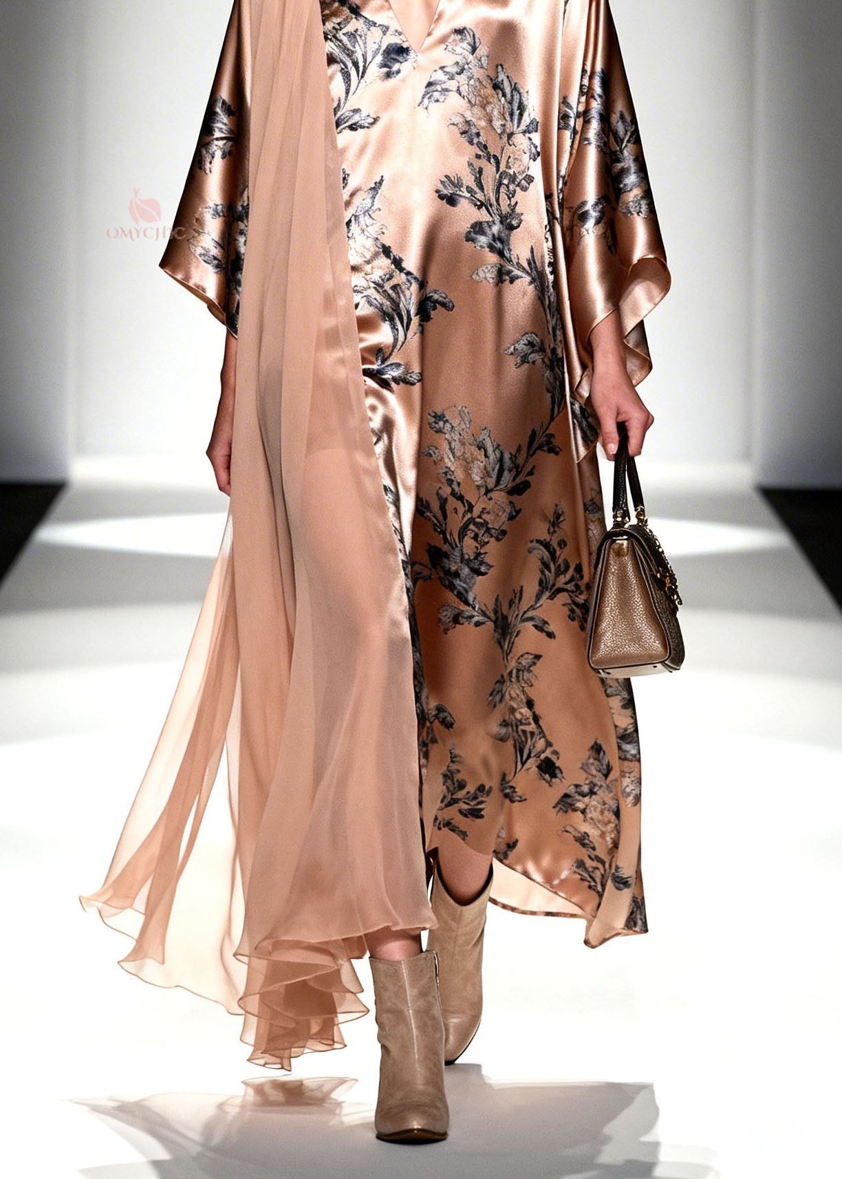 Botanical Print Deep V-Neck Flared Sleeve Sheer Shoulder Drape Kaftan Maxi Gown