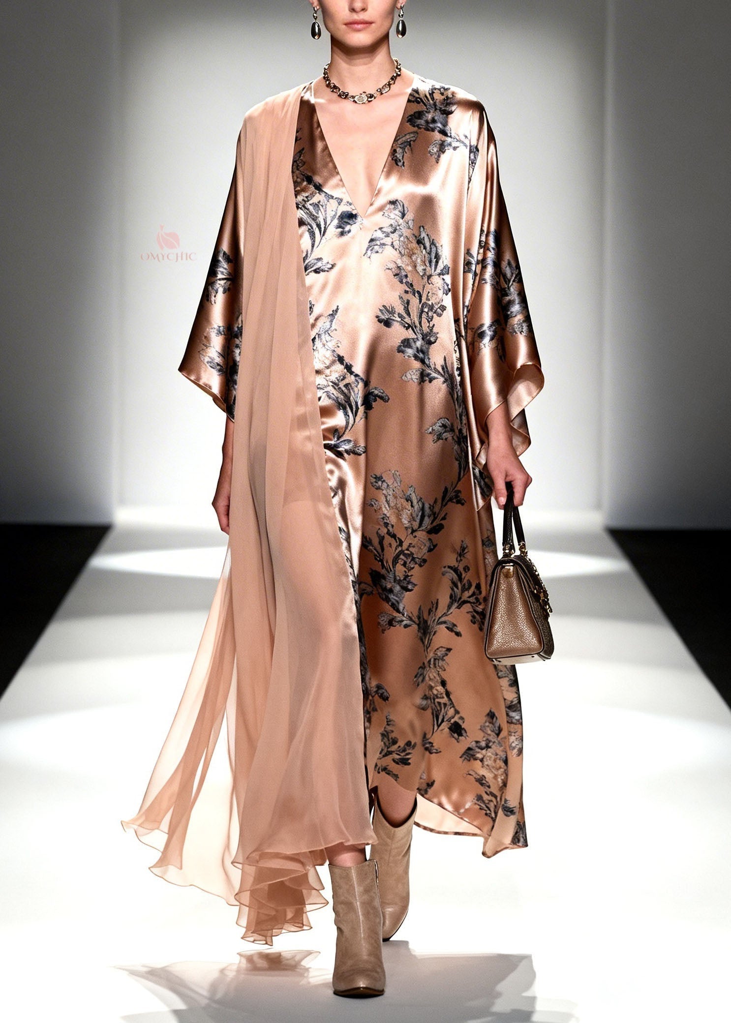 Botanical Print Deep V-Neck Flared Sleeve Sheer Shoulder Drape Kaftan Maxi Gown