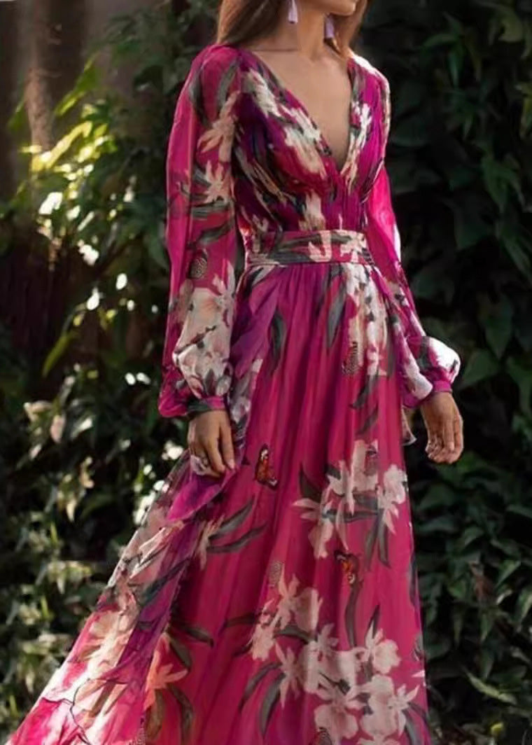 Chiffon Deep V-Neck Floral Butterfly Print Bishop Sleeve Belted Maxi Gown