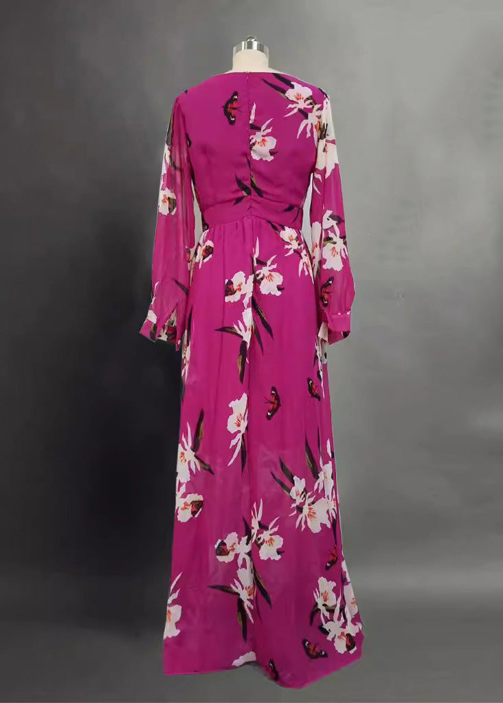 Chiffon Deep V-Neck Floral Butterfly Print Bishop Sleeve Belted Maxi Gown