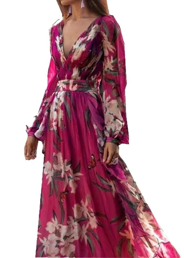 Chiffon Deep V-Neck Floral Butterfly Print Bishop Sleeve Belted Maxi Gown