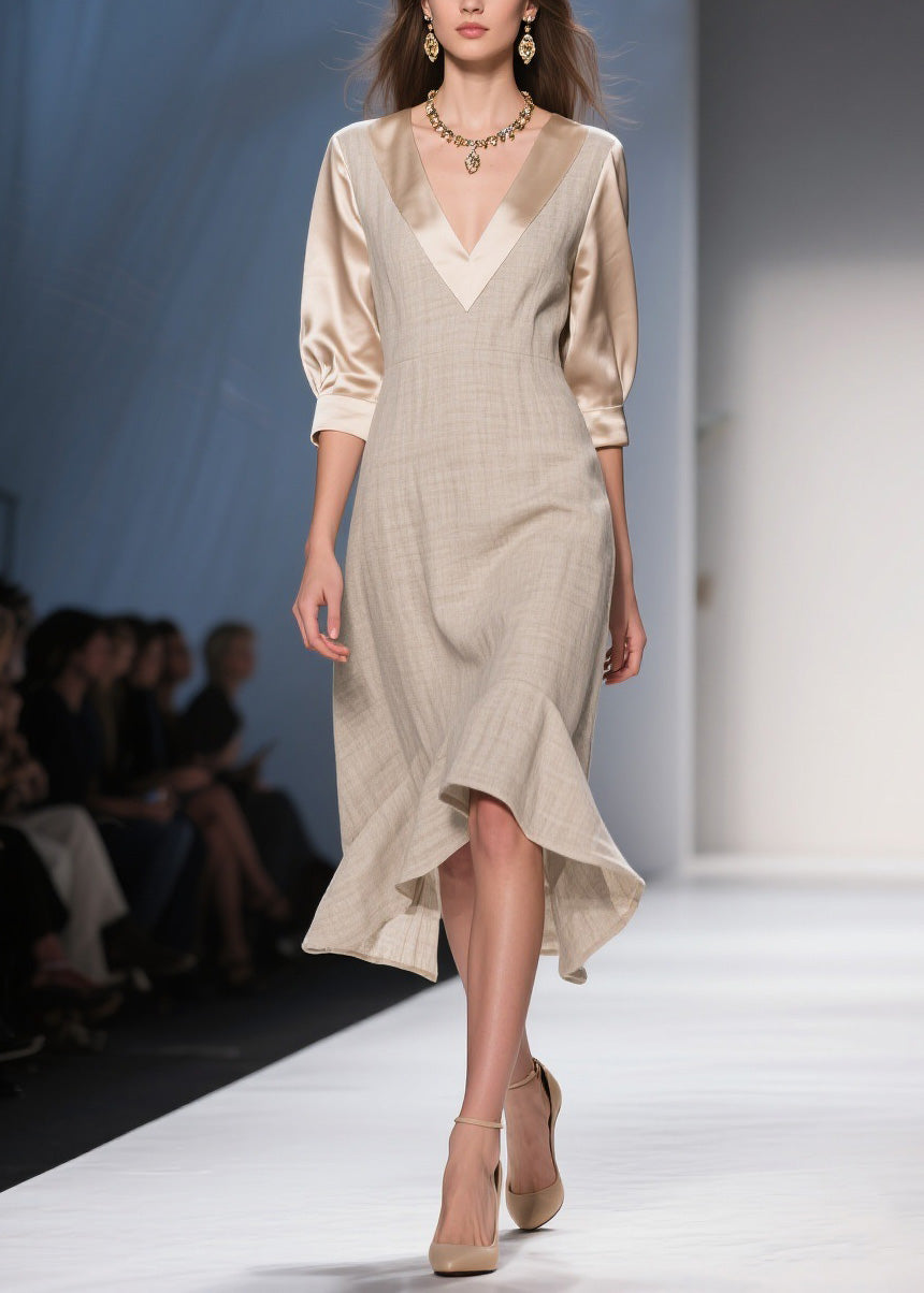 Deep V-Neck Puff Sleeve Woven A-Line Tiered Flounce Midi Dress