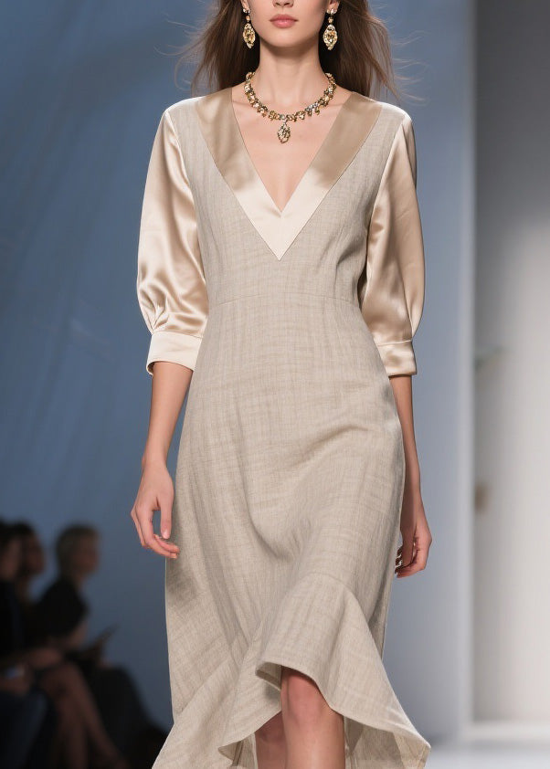 Deep V-Neck Puff Sleeve Woven A-Line Tiered Flounce Asymmetrical Midi Dress