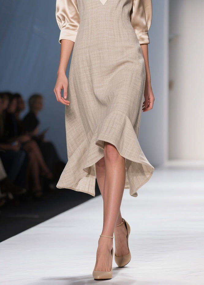 Deep V-Neck Puff Sleeve Woven A-Line Tiered Flounce Asymmetrical Midi Dress