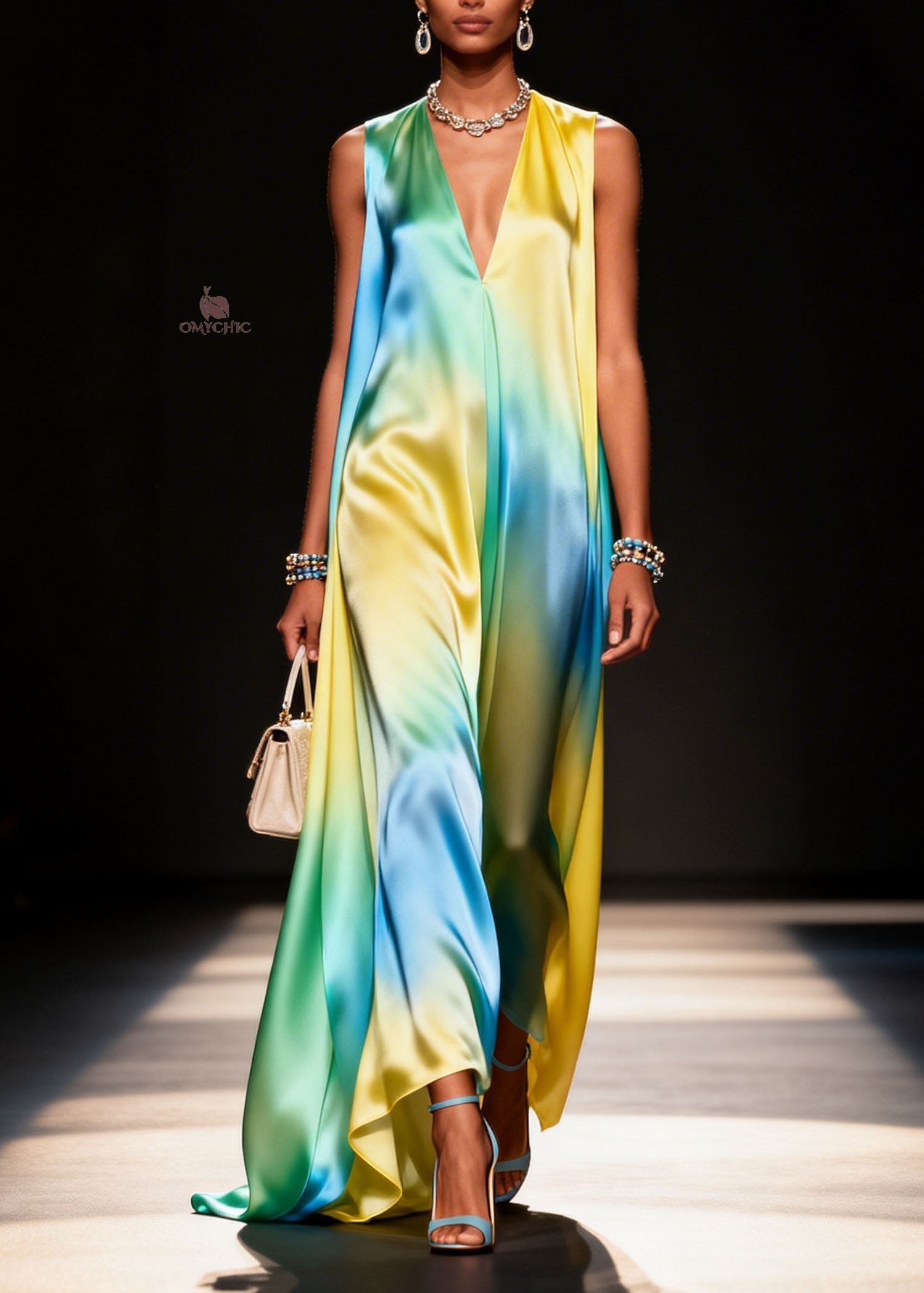 Satin Tie Dye Deep V-Neck Spaghetti Strap Flowy Trapeze Maxi Gown