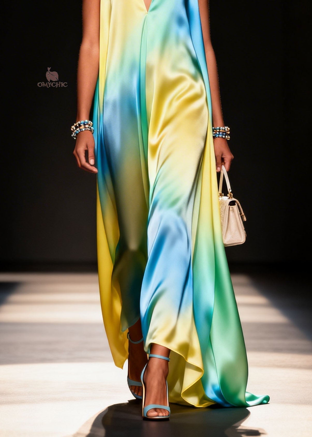Satin Tie Dye Deep V-Neck Spaghetti Strap Flowy Trapeze Maxi Gown