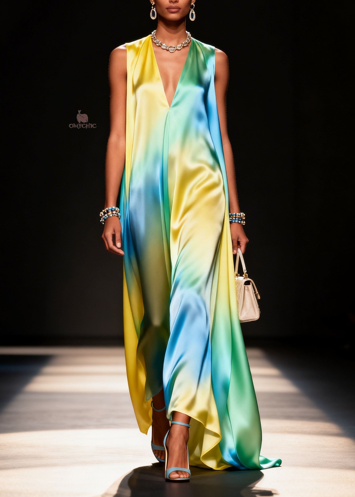 Satin Tie Dye Deep V-Neck Spaghetti Strap Flowy Trapeze Maxi Gown
