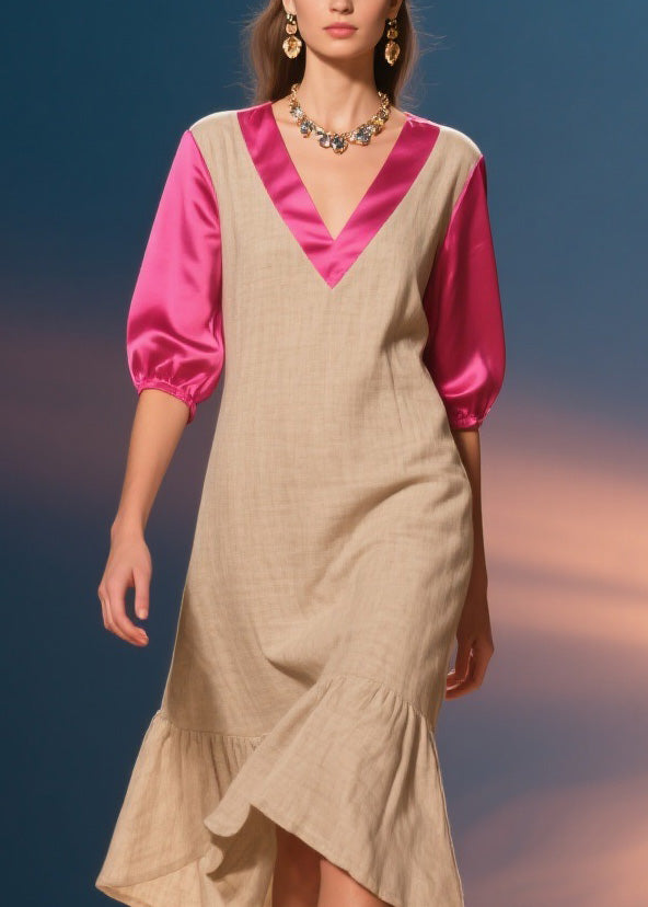 Deep V-Neck Puff Sleeve Satin Trim Relaxed Shift Ruffle Hem Midi Dress