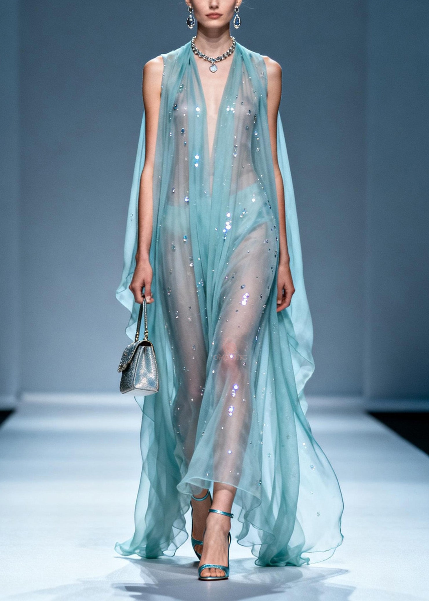 Sequin Scatter Deep V-Neck Cape Panel Ruffle Hem Sheer Maxi Gown
