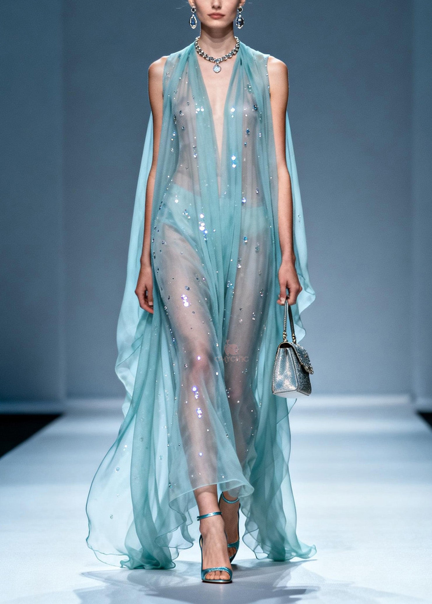 Sequin Scatter Deep V-Neck Cape Panel Ruffle Hem Sheer Maxi Gown
