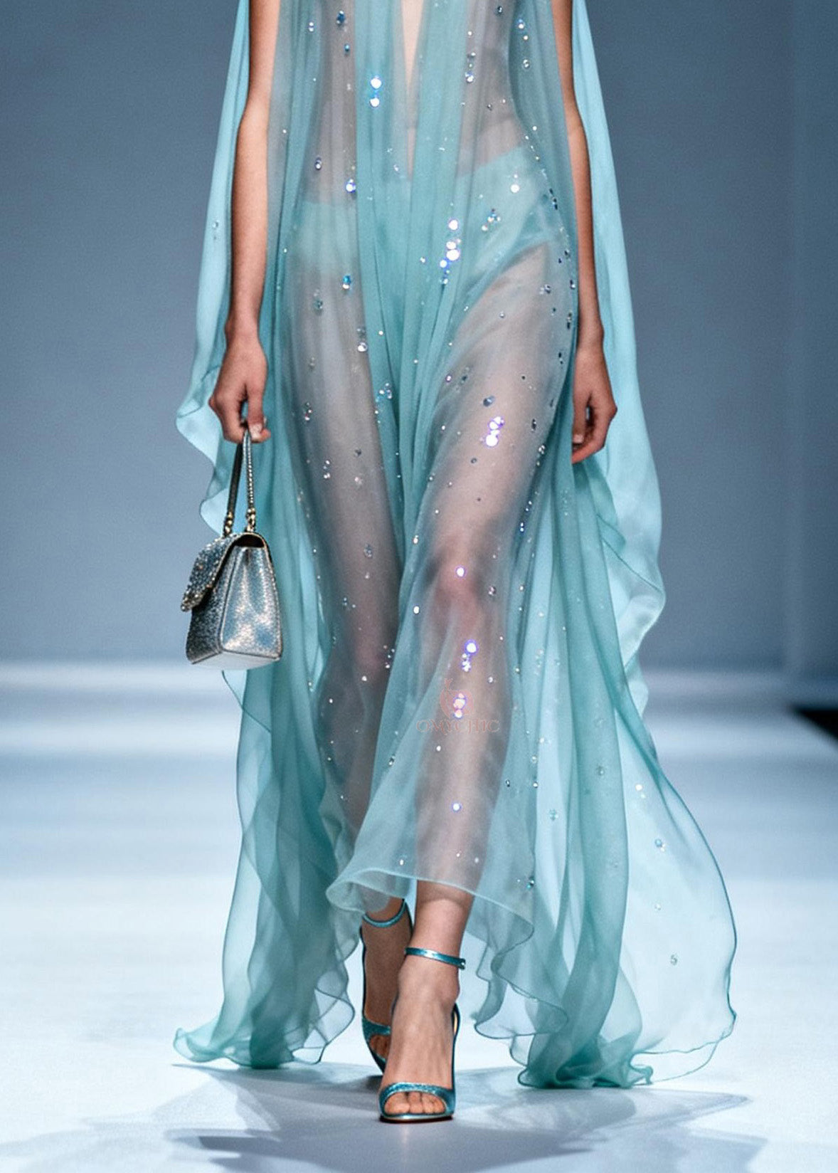Sequin Scatter Deep V-Neck Cape Panel Ruffle Hem Sheer Maxi Gown