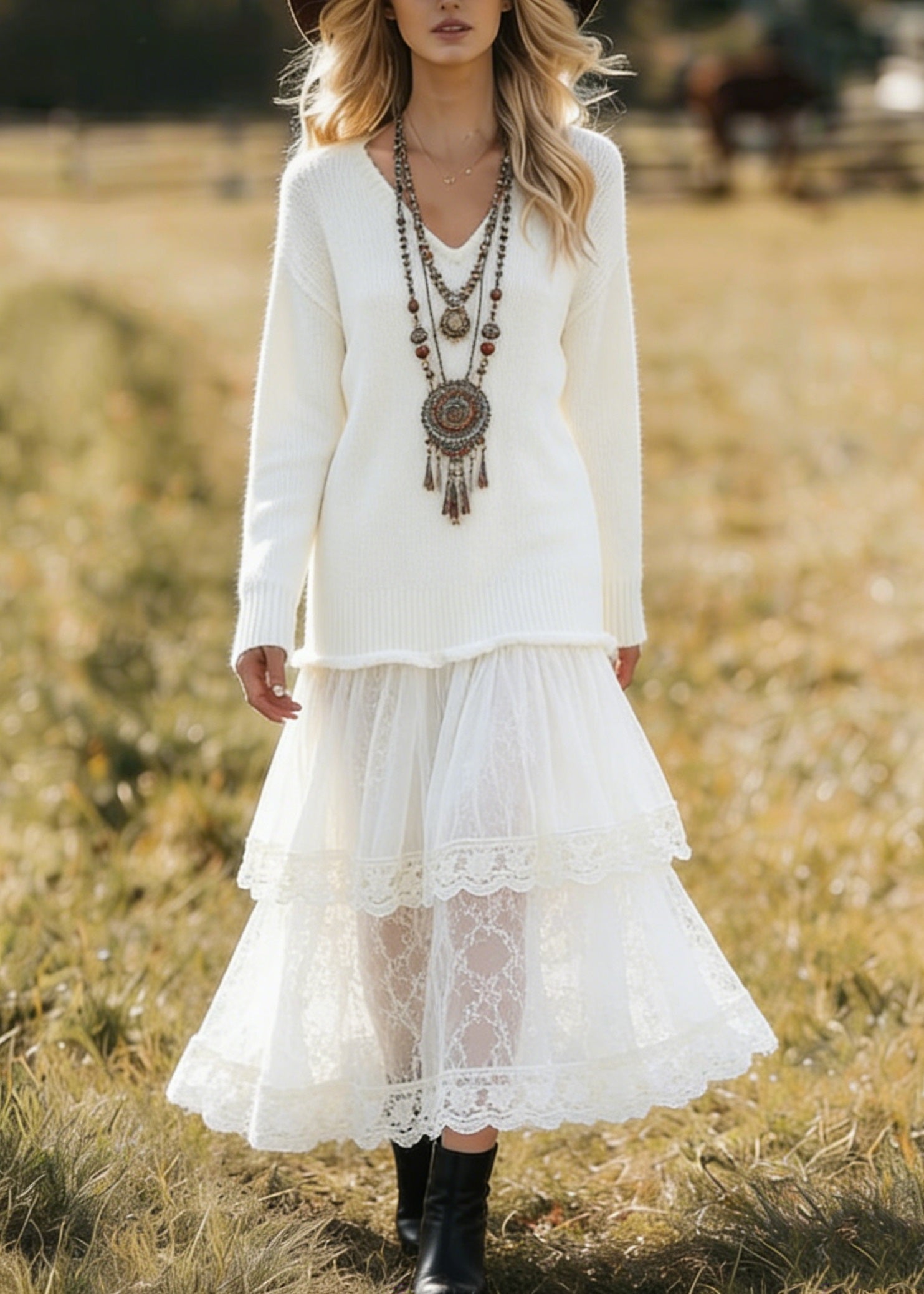 V-Neck Long Sleeve Knit Tiered Lace Mesh Maxi Skirt Two Piece Set
