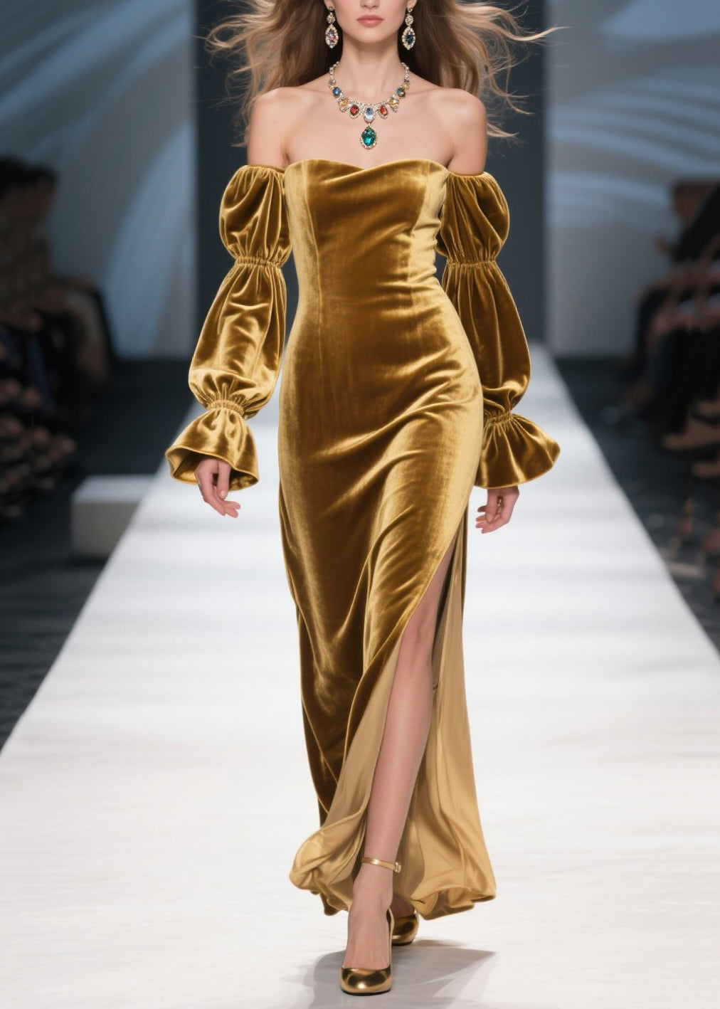 Velvet Off Shoulder Tiered Bishop Sleeve High Split Maxi Gown