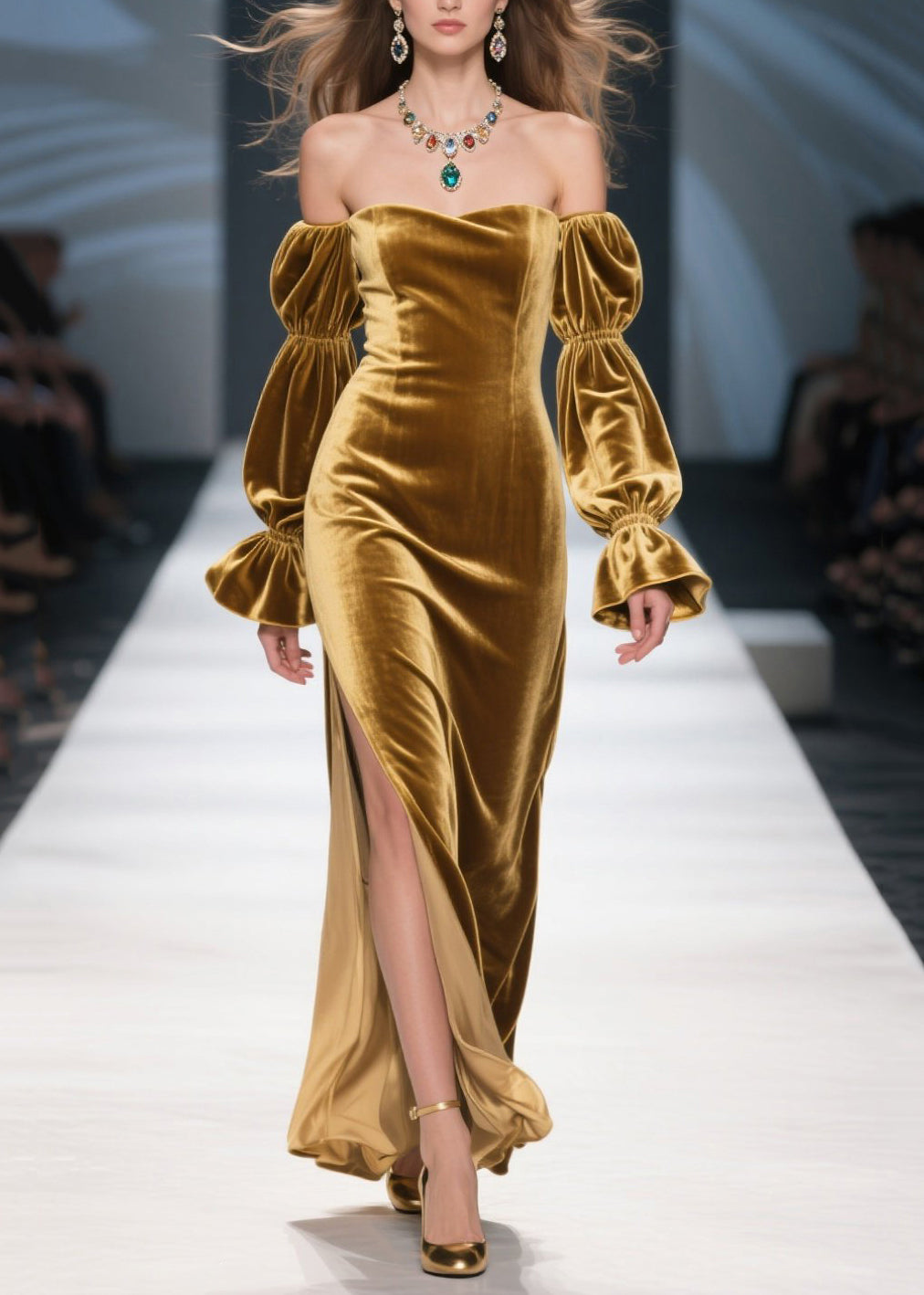 Velvet Off Shoulder Tiered Bishop Sleeve High Split Maxi Gown