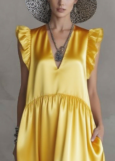 Satin V-Neck Cap Sleeve Tiered Bubble Hem Pocket Maxi Dress