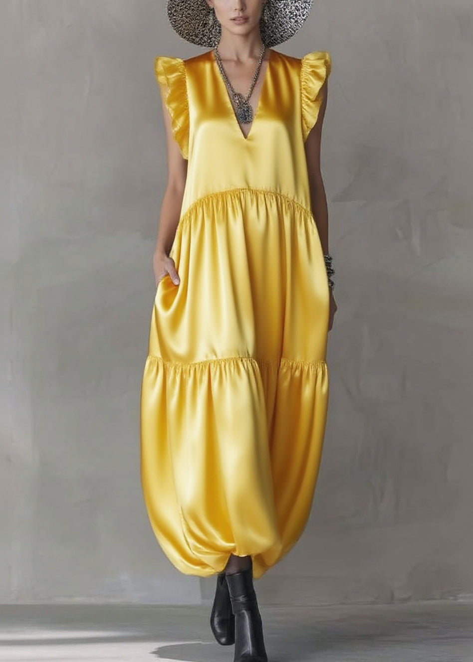 Satin V-Neck Cap Sleeve Tiered Bubble Hem Pocket Maxi Dress