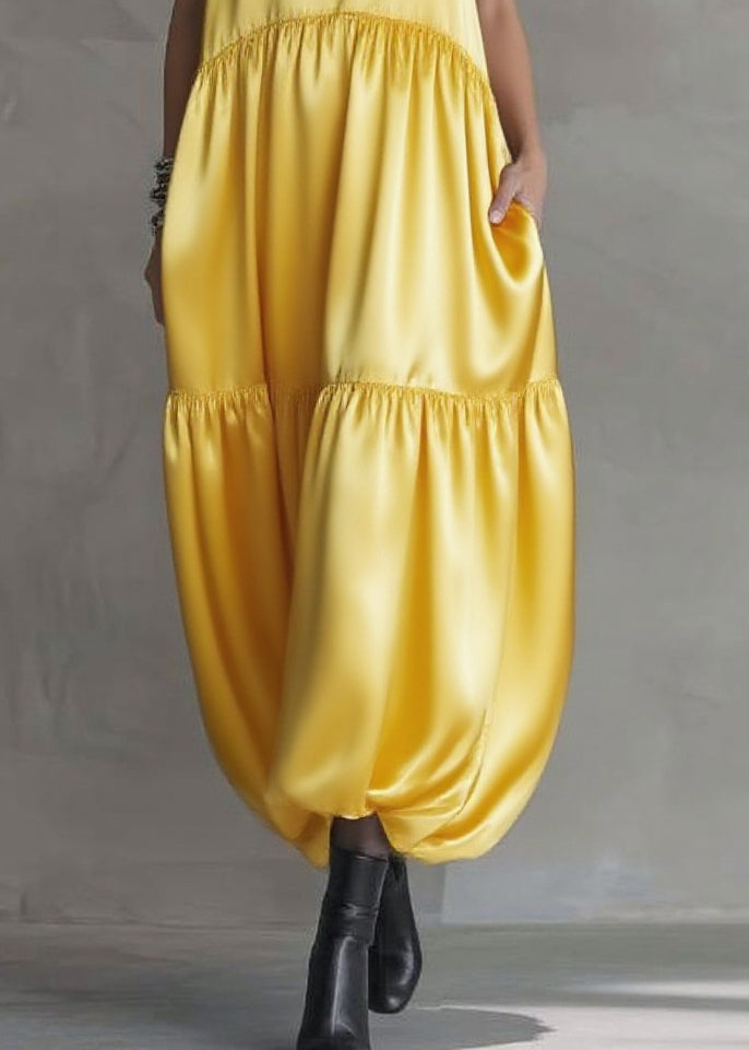 Satin V-Neck Cap Sleeve Tiered Bubble Hem Pocket Maxi Dress