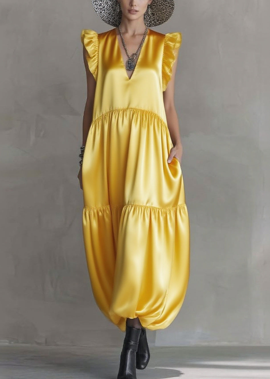 Satin V-Neck Cap Sleeve Tiered Bubble Hem Pocket Maxi Dress - View 5