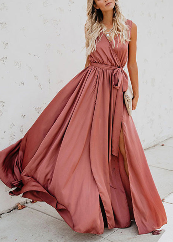 Satin Wrap V-Neck Sleeveless Tie Waist High Split Maxi Gown