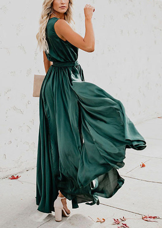 Satin Wrap V-Neck Sleeveless Tie Waist High Split Maxi Gown