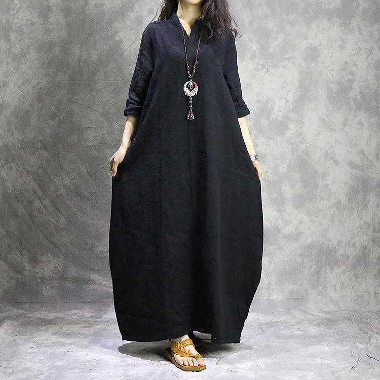 Linen Look Mandarin Collar V-Neck Oversized Cocoon Long Sleeve Maxi Dress