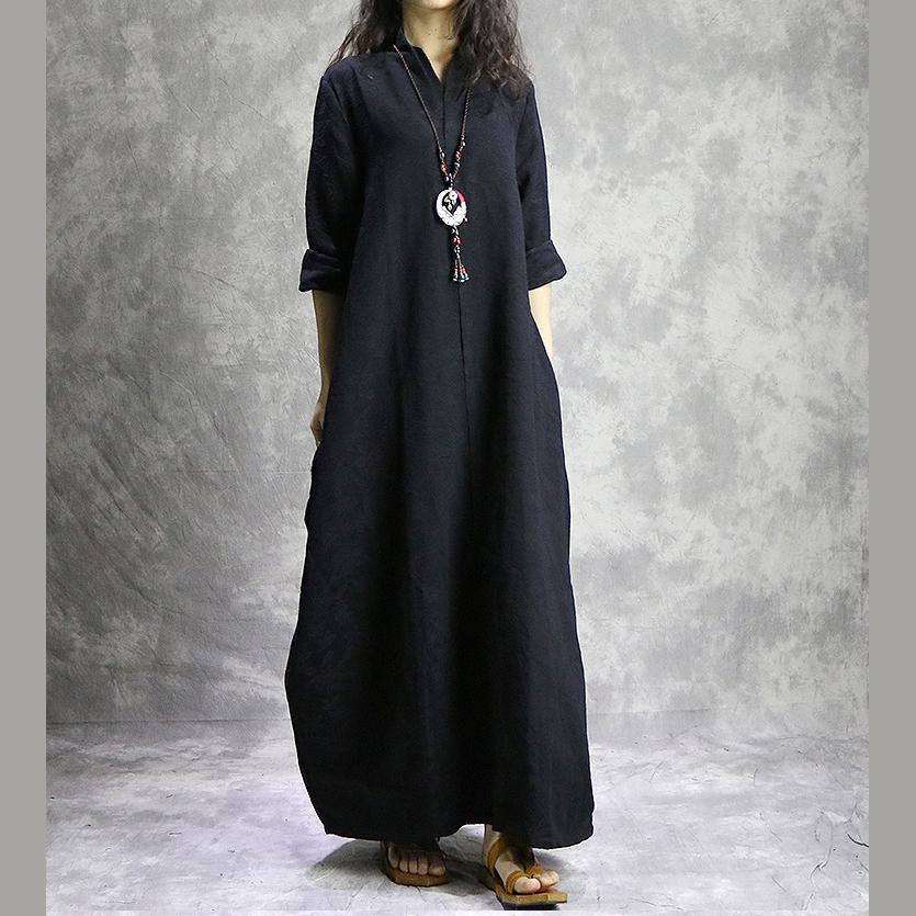 Linen Look Mandarin Collar V-Neck Oversized Cocoon Long Sleeve Maxi Dress