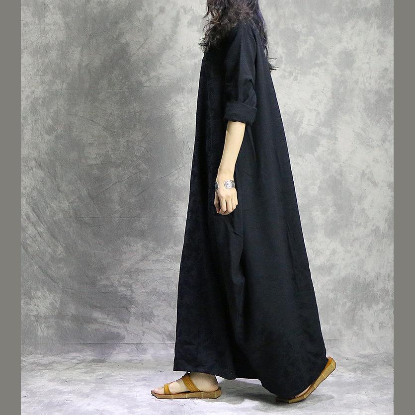 Linen Look Mandarin Collar V-Neck Oversized Cocoon Long Sleeve Maxi Dress