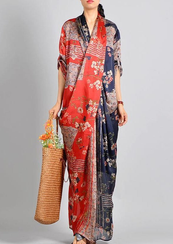 Floral Patchwork Deep V-Neck Kimono Sleeve Wrap Front Maxi Dress