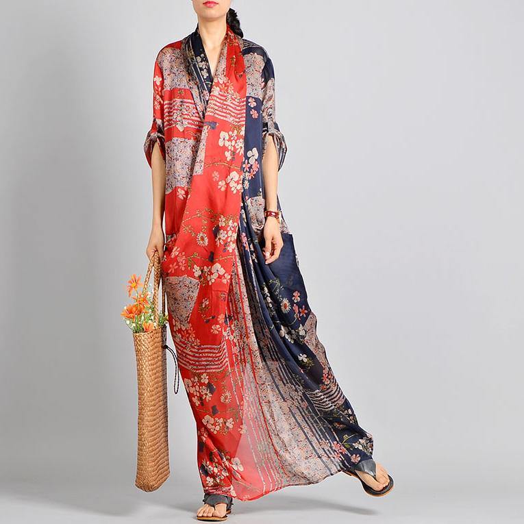 Floral Patchwork Deep V-Neck Kimono Sleeve Wrap Front Maxi Dress
